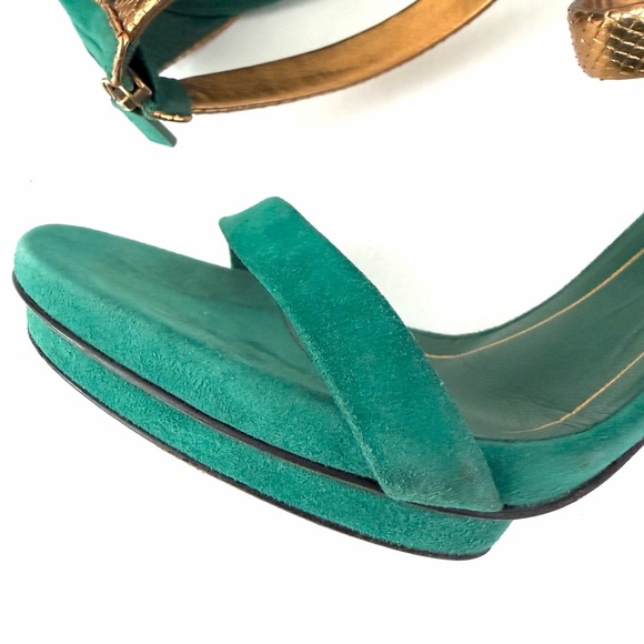 GUCCI | Green Suede and Gold Metallic Snakeskin Ankle Strap Platform Heels 40.5 - Picture 9 of 13